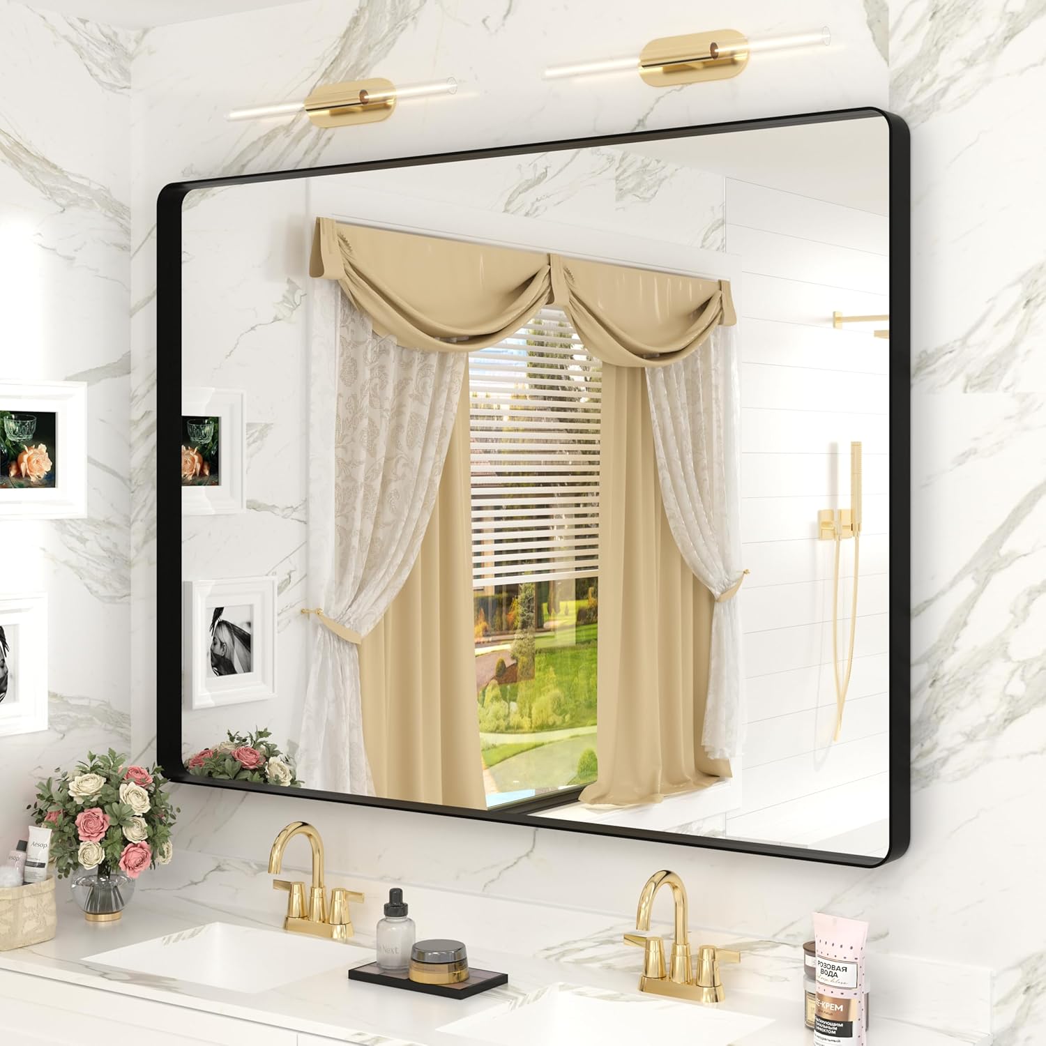 40x30 Black Bathroom Mirror with Durable Metal Frame Design