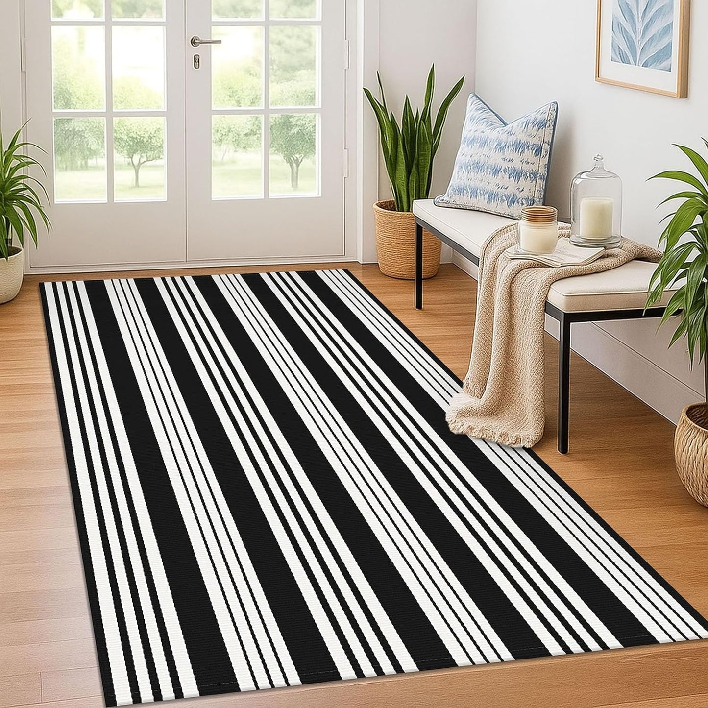 KOZYFLY Black and White Striped Outdoor Rug for Any Space
