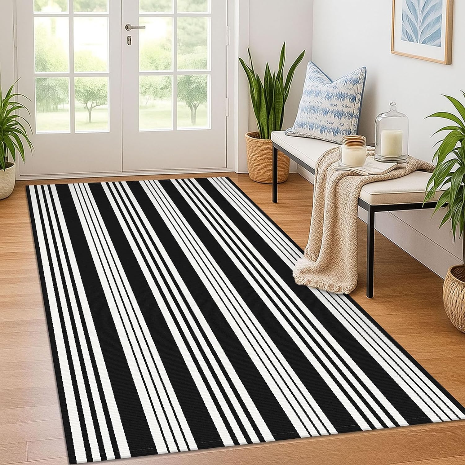 KOZYFLY Black and White Striped Outdoor Rug for Any Space