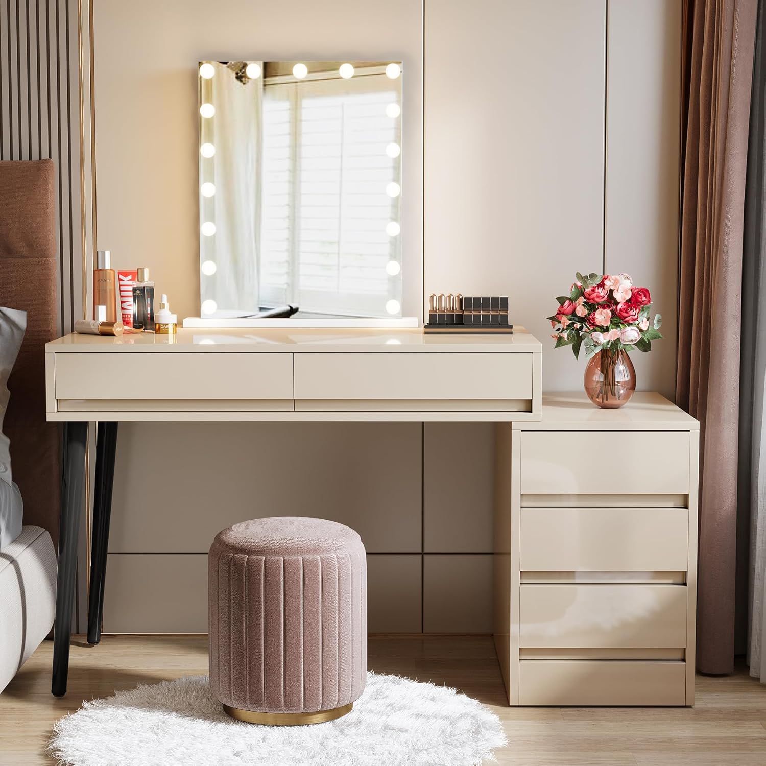 Tribesigns 5-Drawer Vanity Desk, High Gloss Makeup Table, Beige