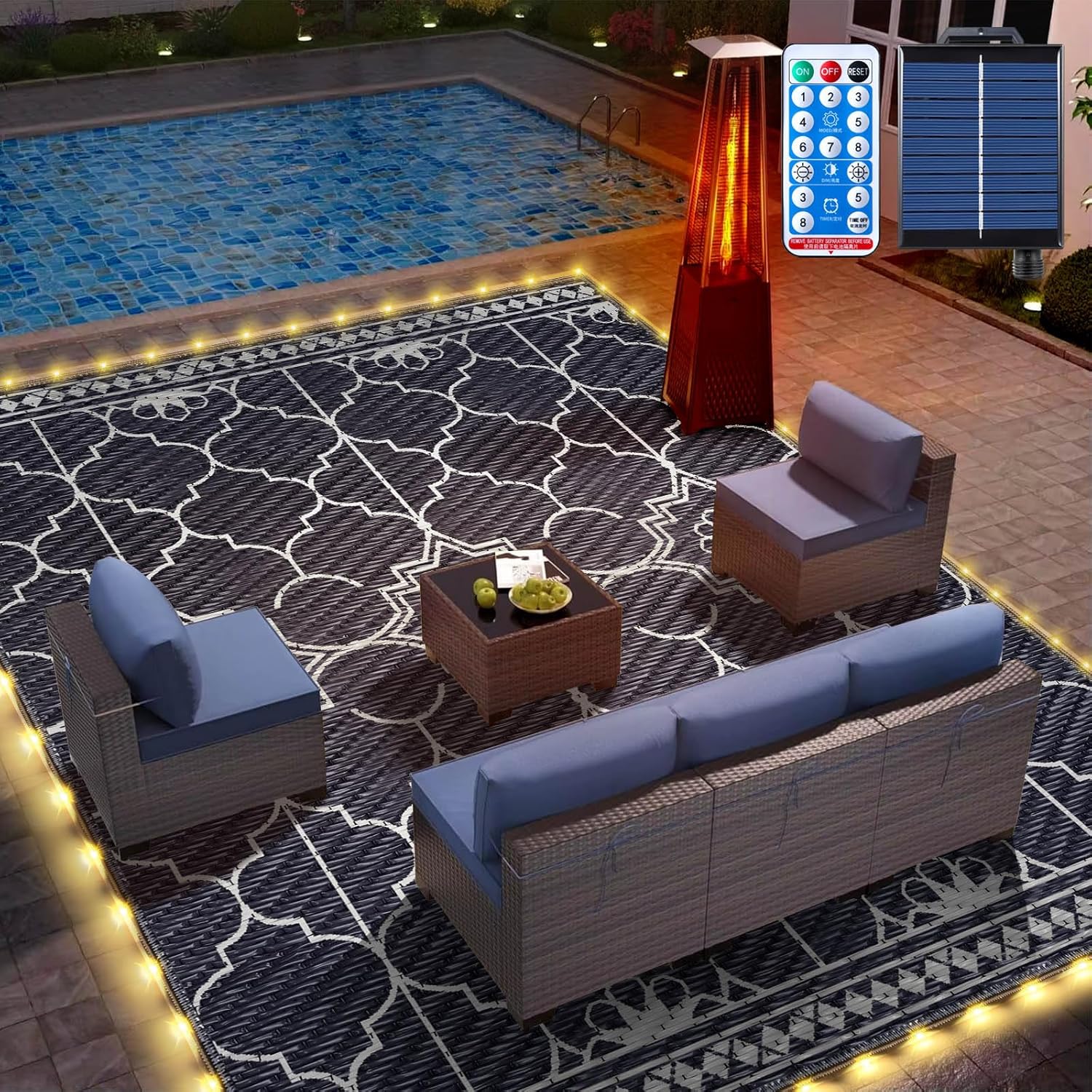 9x12Ft Solar Powered Outdoor Rug with LED Lights for Camping
