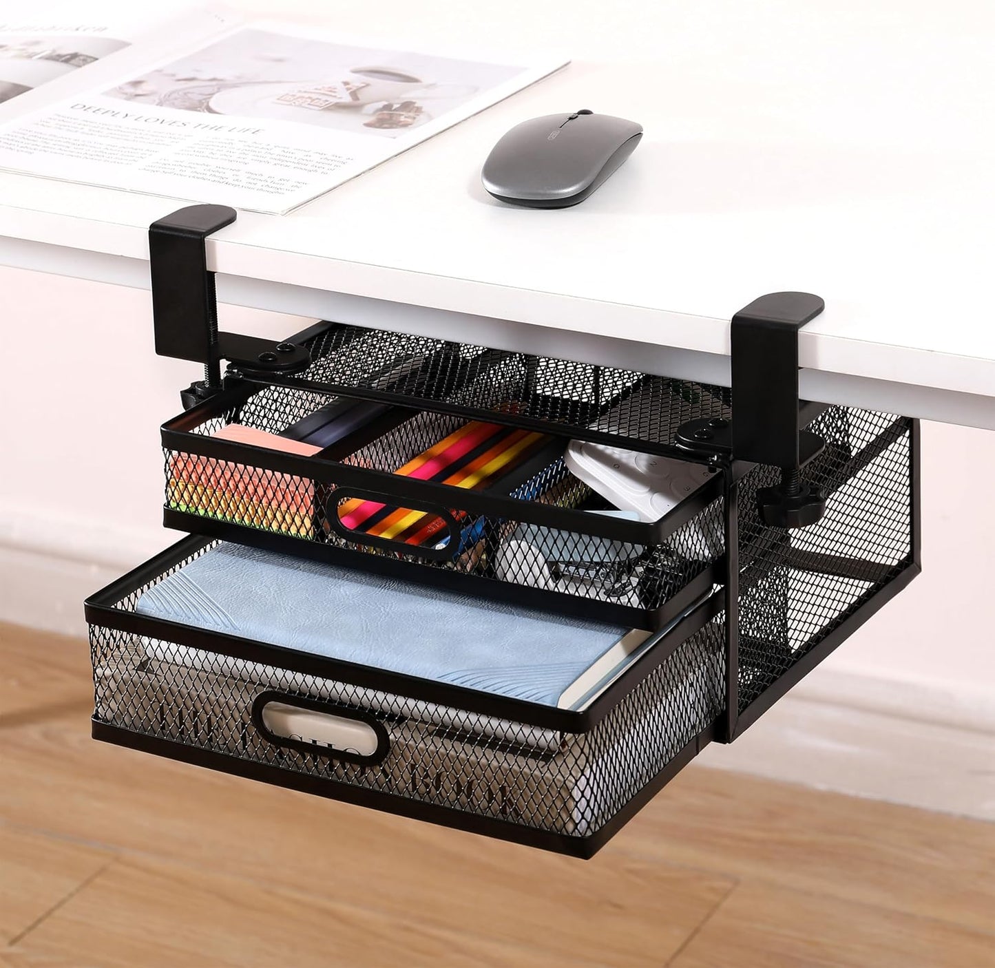 ROLIZOE Under Desk Drawer Organizer: No Drilling, 2 Slide Out Drawers