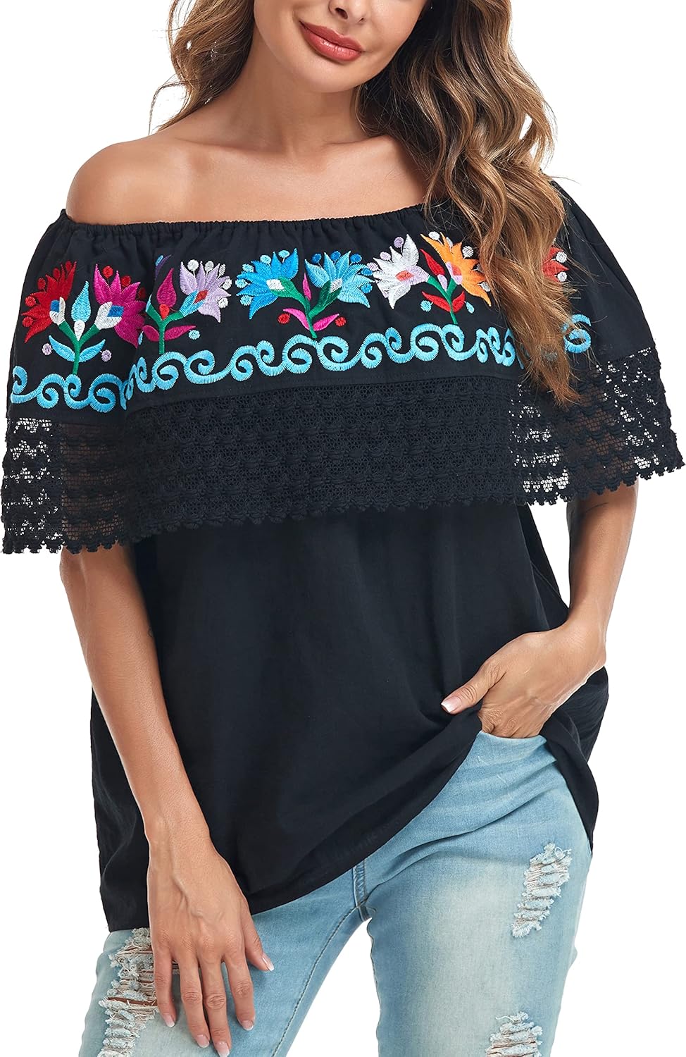 YZXDORWJ Women Mexican Embroidered Off-Shoulder Shirt Top
