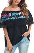 Women Embroidered Off-Shoulder Cotton Blouse - Lace Falbala