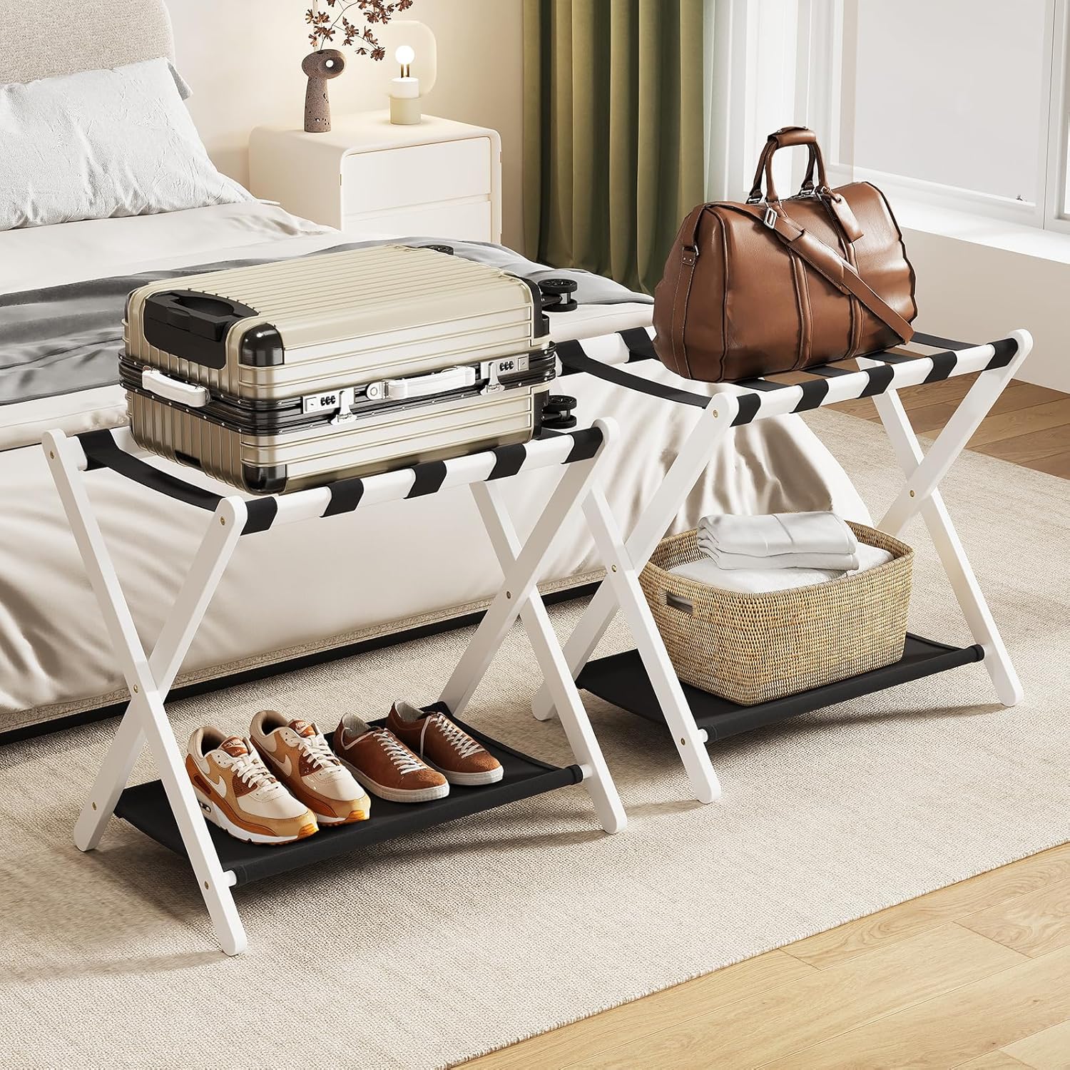 Fully Assembled Luggage Rack with Fabric Storage Shelf for Guests