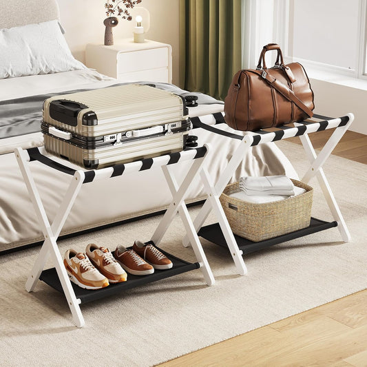 Fully Assembled Luggage Rack with Fabric Storage Shelf for Guests