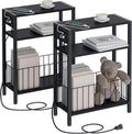 Narrow Side Table with Charging Station Set of 2 - Slim Black 3-Tier