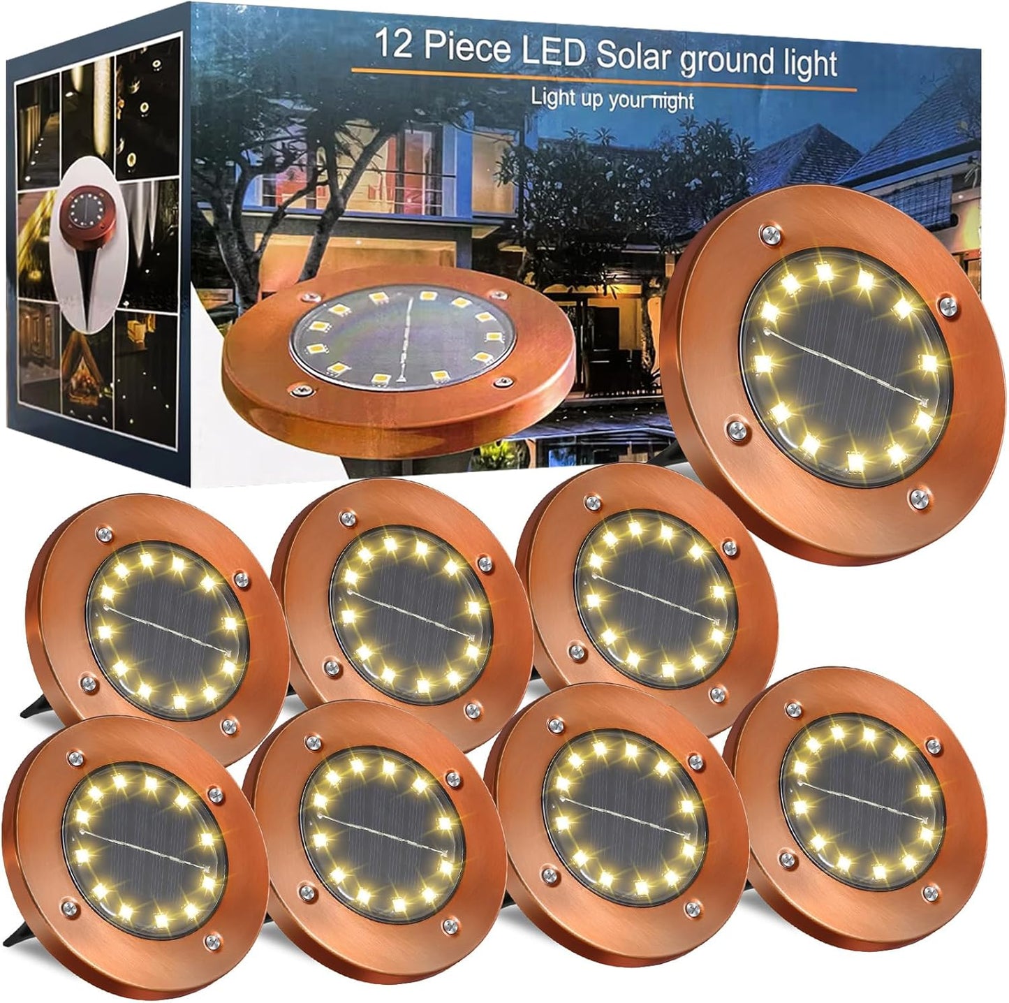 Solar Ground Lights Outdoor Waterproof 12 LED Disk Lights 8 Pack