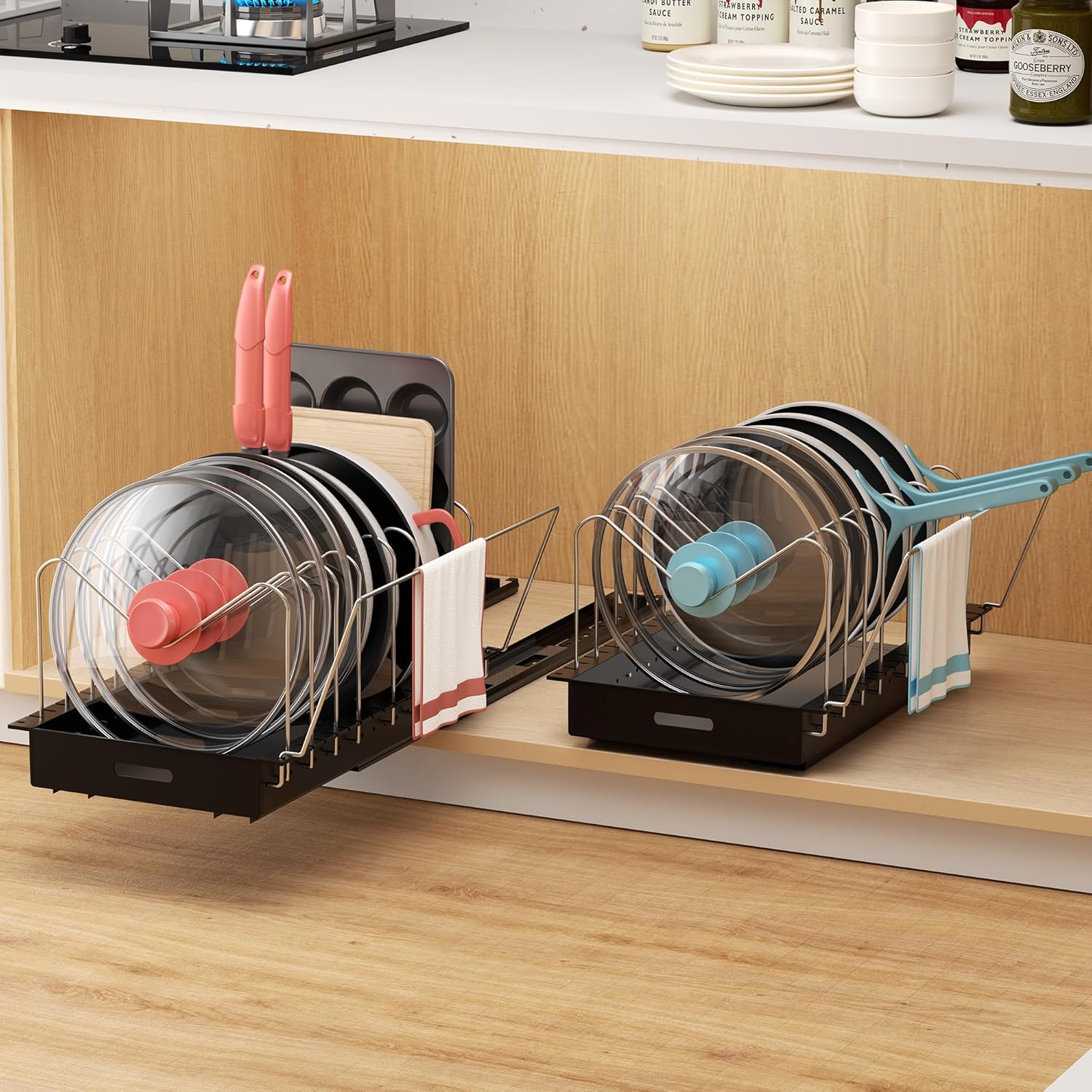 Pots and Pans Organizer Under Cabinet with Adjustable Dividers