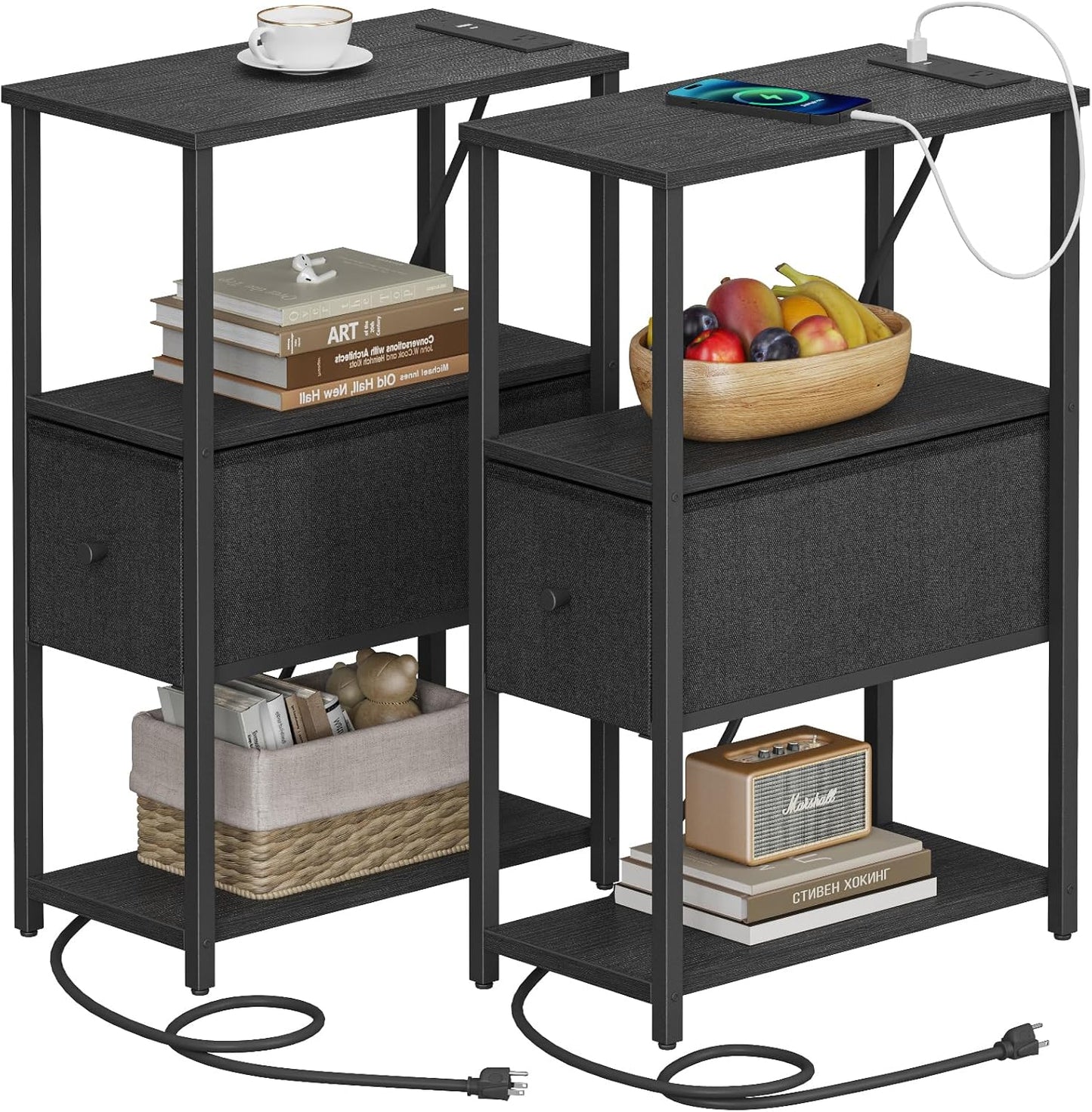 TUTOTAK Small Narrow End Table with Charging Station Set of 2