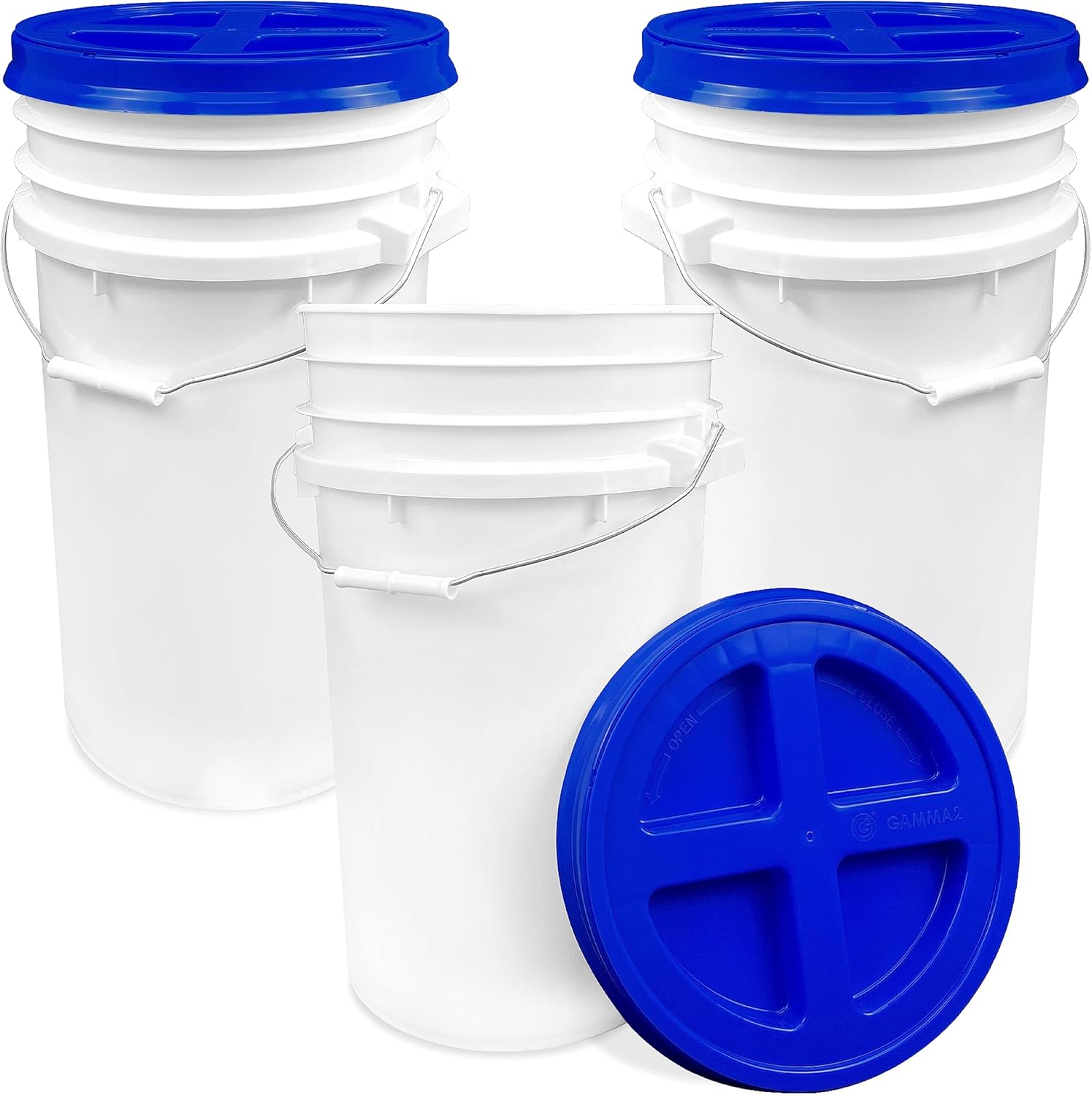 7 Gallon White Bucket with Blue Gamma Lid for Food Storage