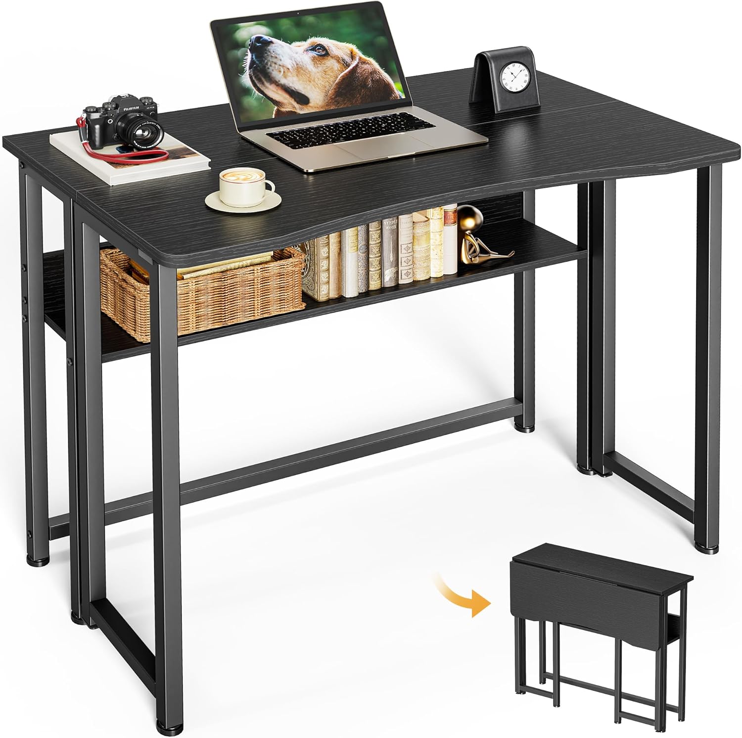 Huuger Folding Desk with Storage Shelf for Small Spaces