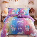 Full Size Comforter Set for Girls with Rainbow Unicorn Patterns - Fun