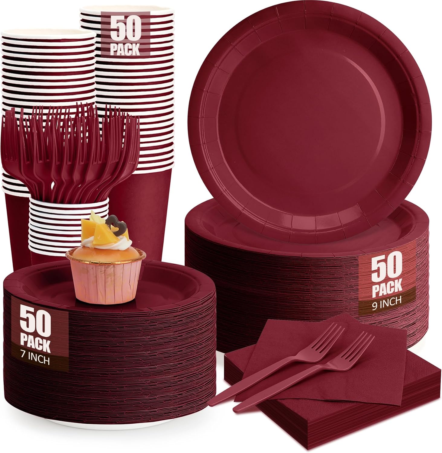 250Pcs Burgundy Paper Plates and Napkins for Any Occasion