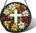 Stained Glass Window Hanging Cross Flowers Suncatcher - Colorful