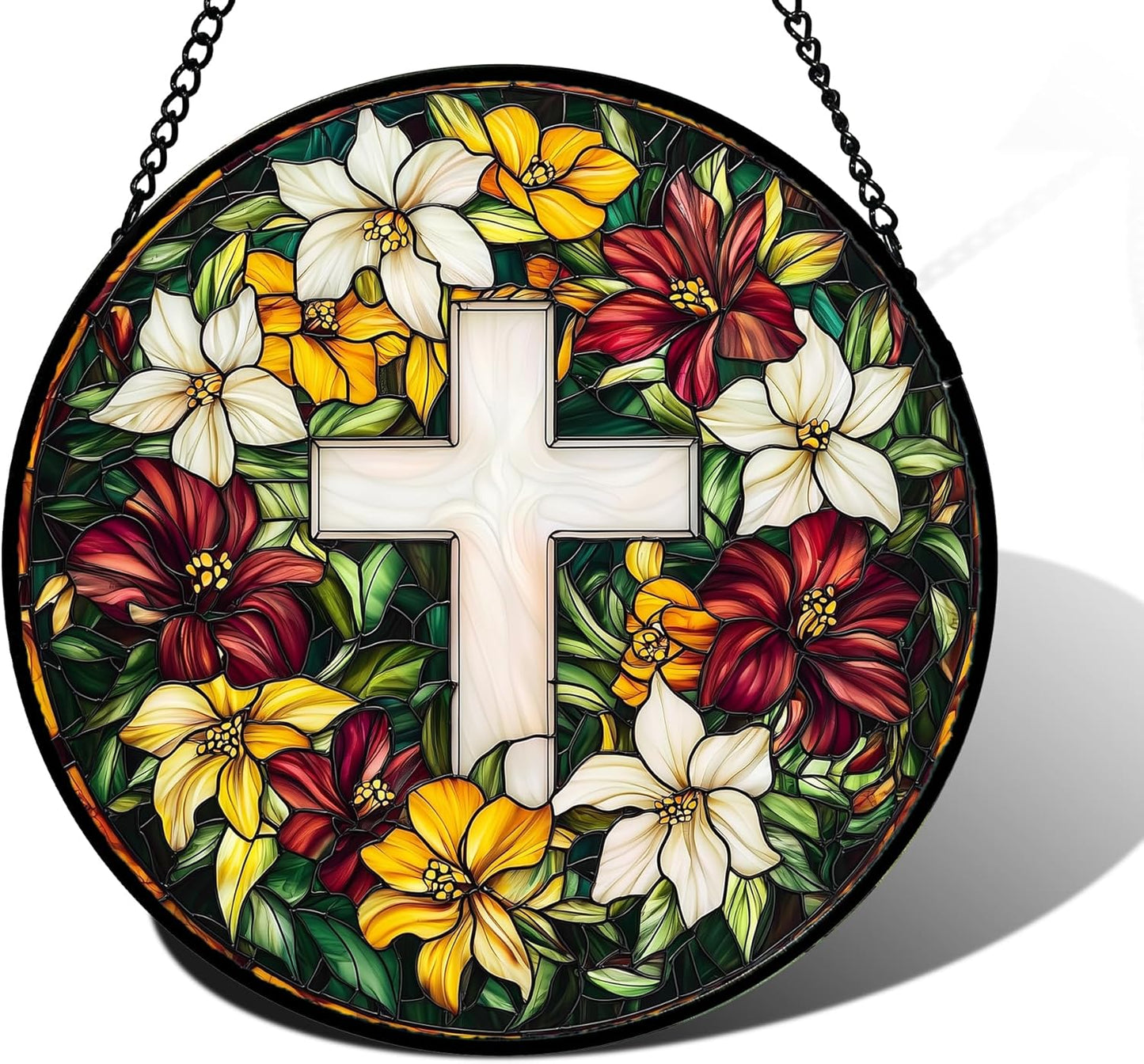 Stained Glass Window Hanging Cross Flowers Colorful Decor