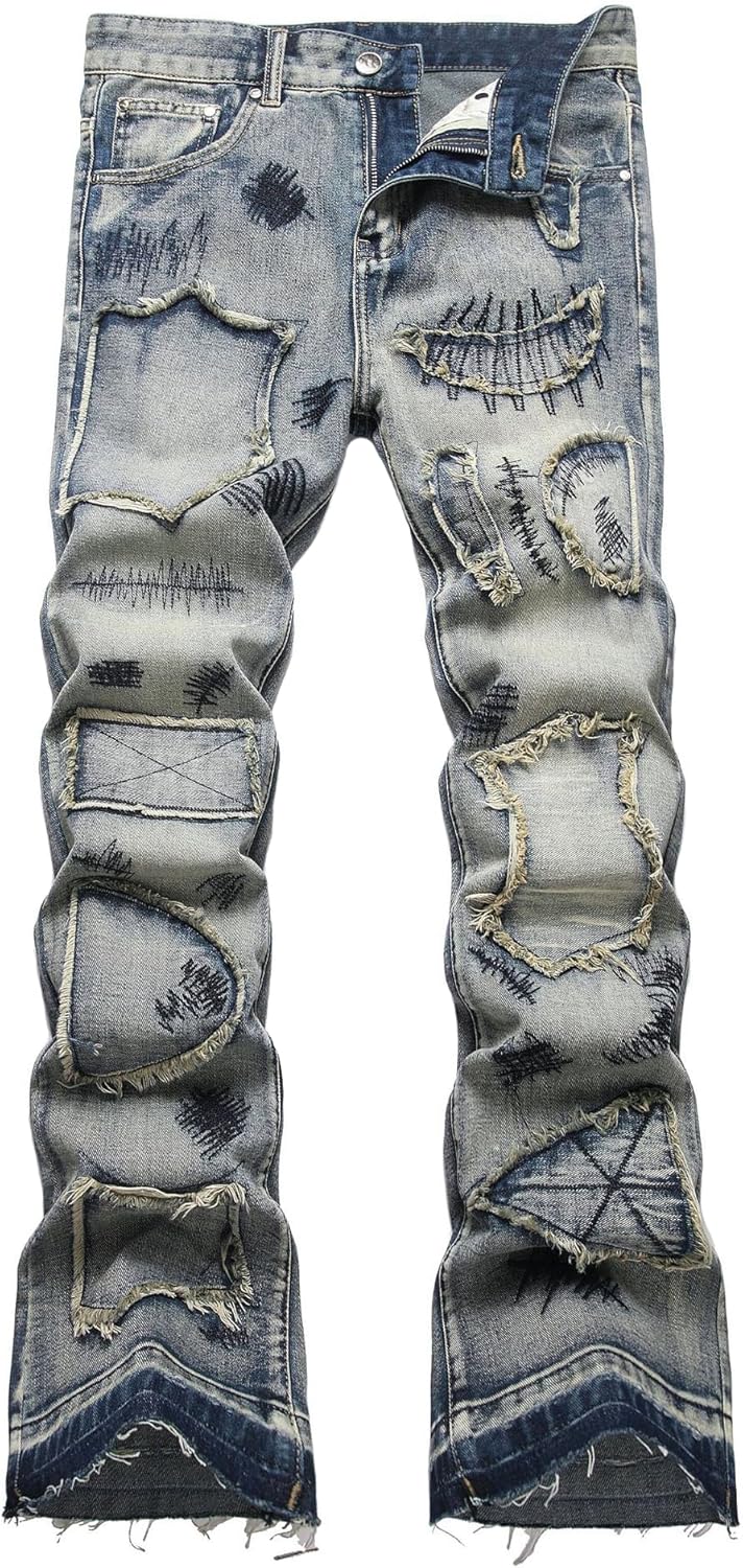 Baylvn Men's Designer Slim Fit Patchwork Jeans for Casual Style