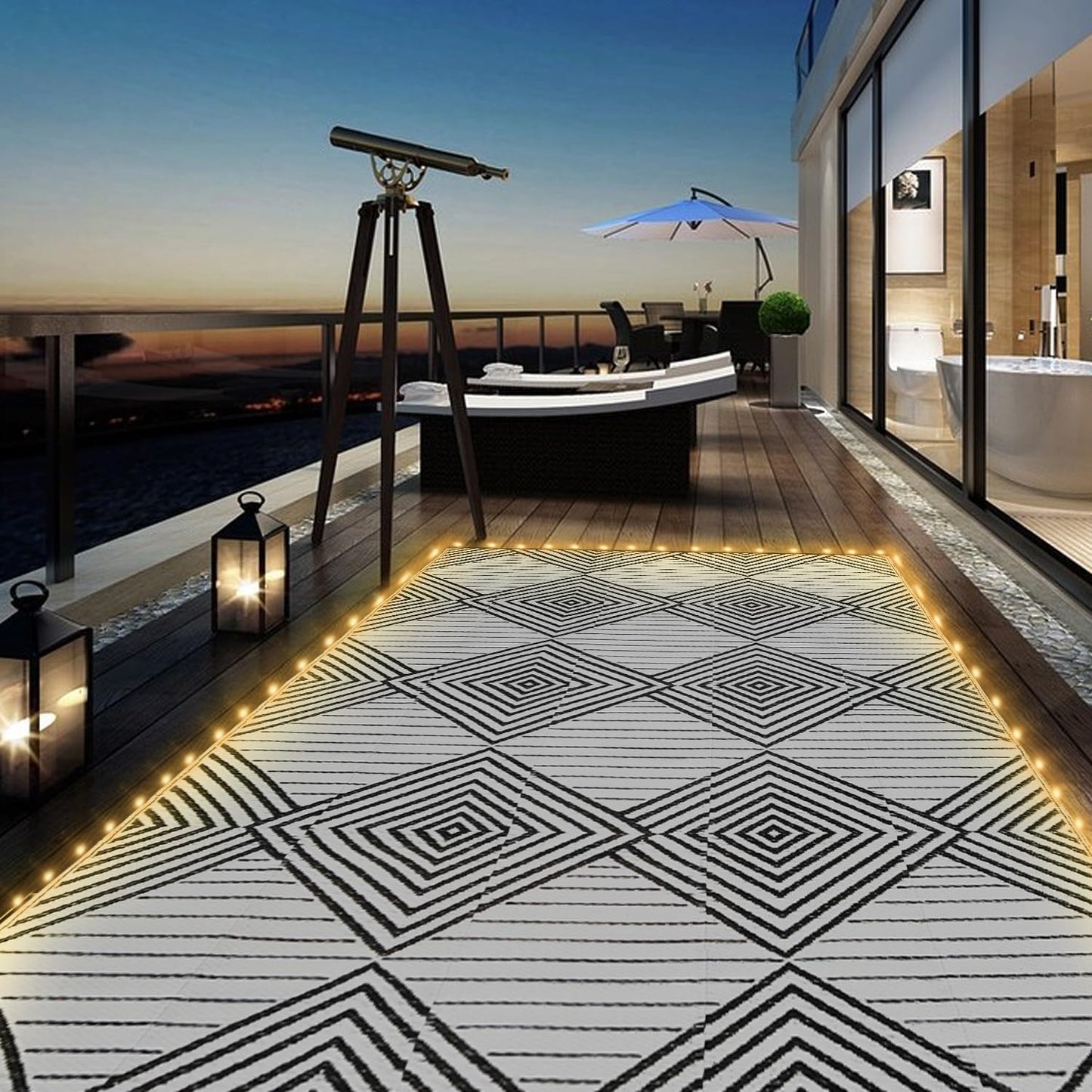 8x10ft Waterproof Outdoor Rug with LED Lights for All Spaces