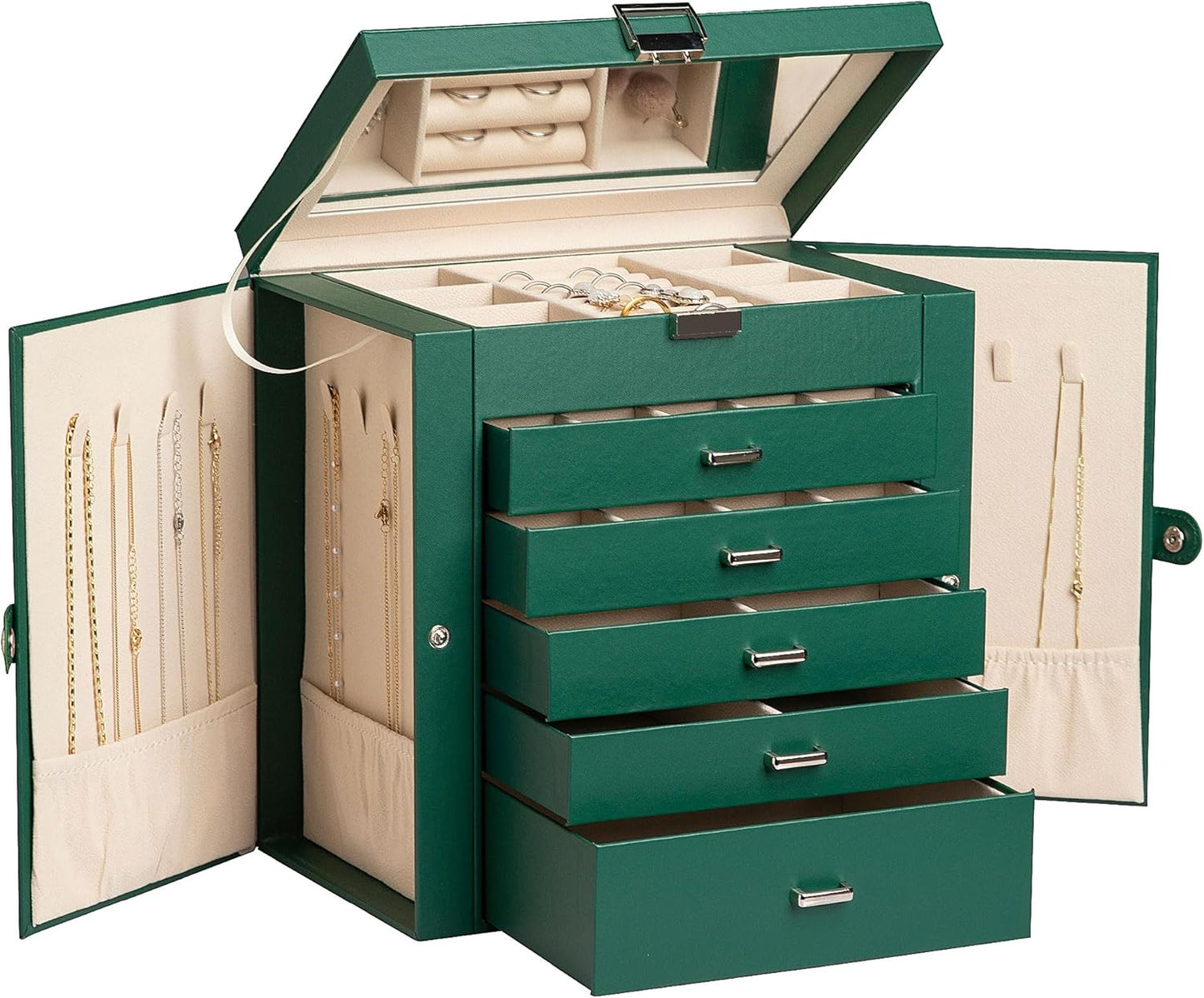 Frebeauty Large Jewelry Box with Mirror and 6-Tier Design