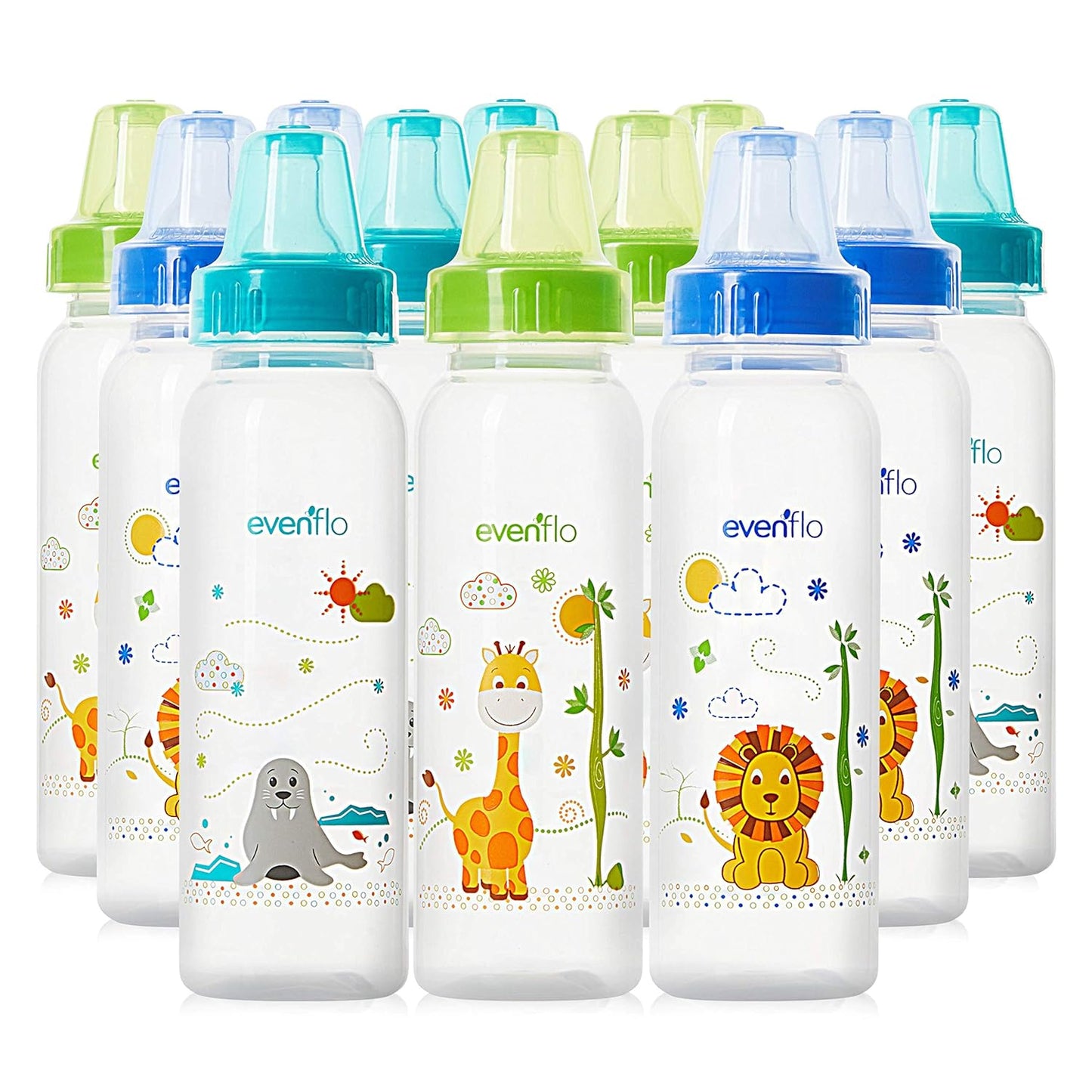 Evenflo Feeding Bottles - 12-Pack, 8 oz, Blue/Green/Teal