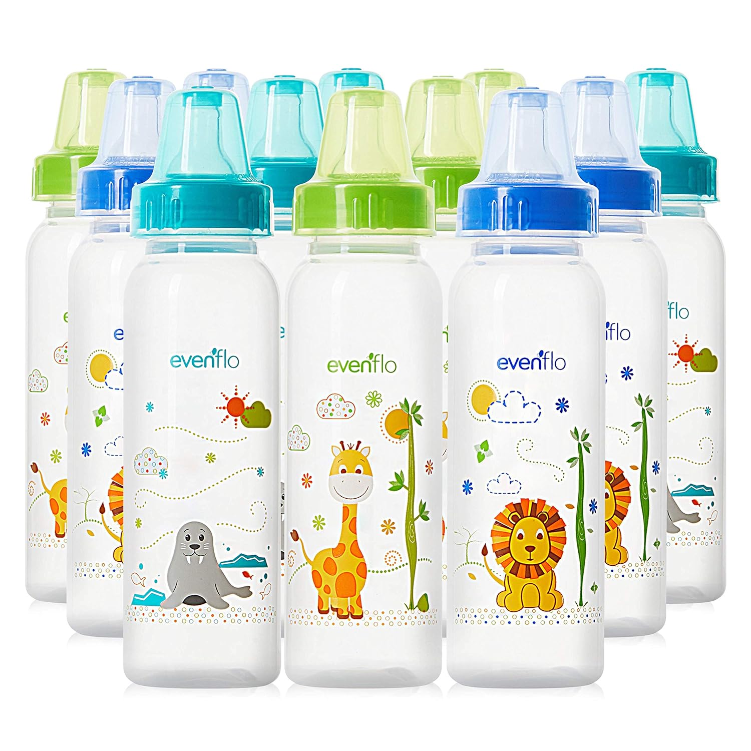 Evenflo Feeding Bottles - 12-Pack, 8 oz, Blue/Green/Teal