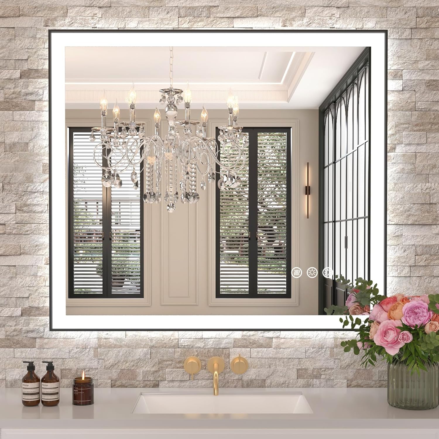 LED Bathroom Mirror with Black Frame and Anti-Fog Features