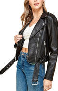 Womens Faux Leather Moto Biker Jacket with Belted Hem - Classic