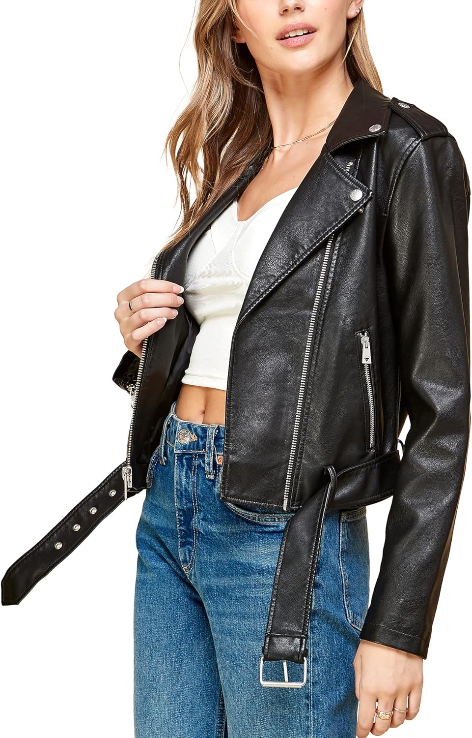 Faux Leather Zip Up Moto Biker Jacket with Stitching Detail