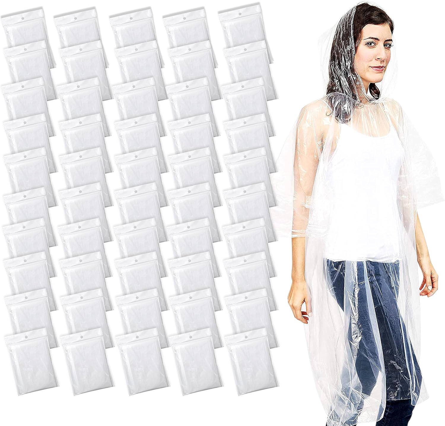 Juvale Rain Poncho Pack - 50 Disposable Clear Ponchos for Adults