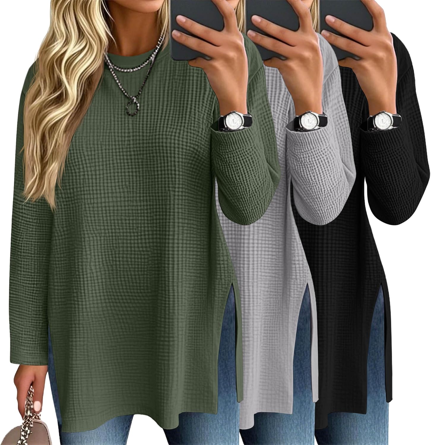 3 Pack Women's Waffle Knit Long Sleeve Tops for Casual Style