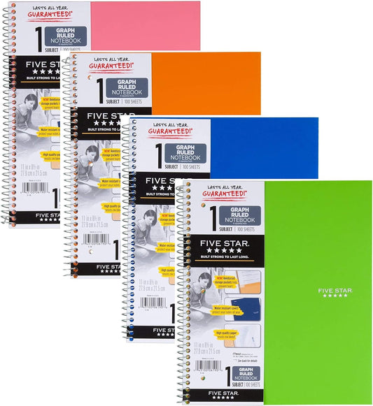 Five Star 1 Subject Graph Notebook, 100 Sheets, 11x8-1/2, 4 Pack - Assorted Colors