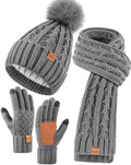Womens Beanie Hat Scarf Gloves Set - Fleece Lined Cold Weather Kit