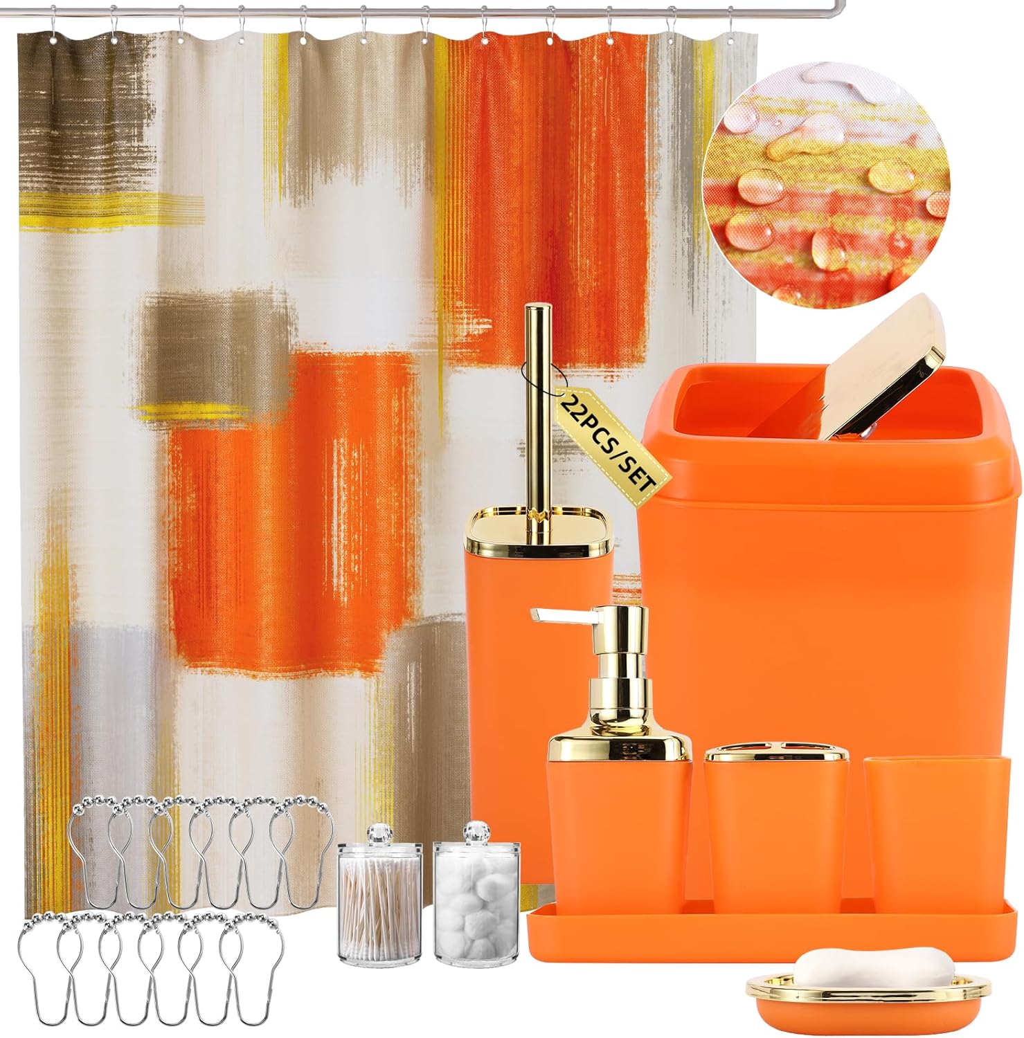 Orange Bathroom Accessories Set with Shower Curtain and More