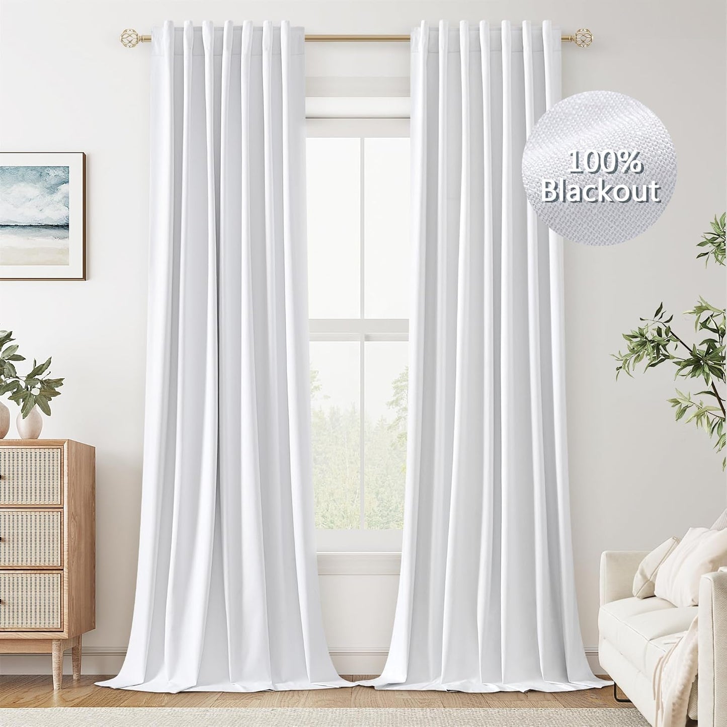 Guken White Linen Blackout Curtains for Total Room Darkening
