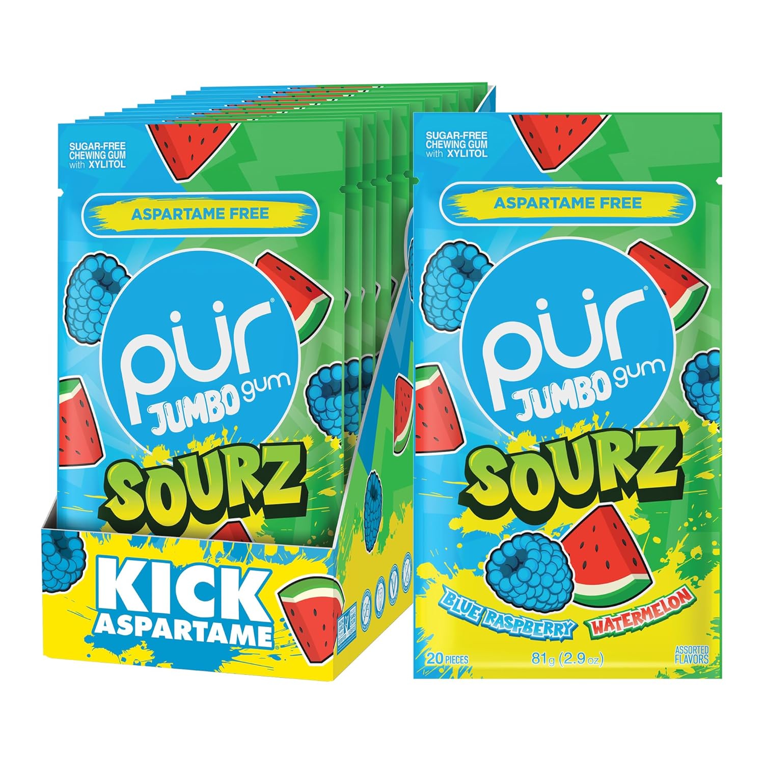 PUR Jumbo SOURZ Gum - Insanely Sour Blue Raspberry & Watermelon