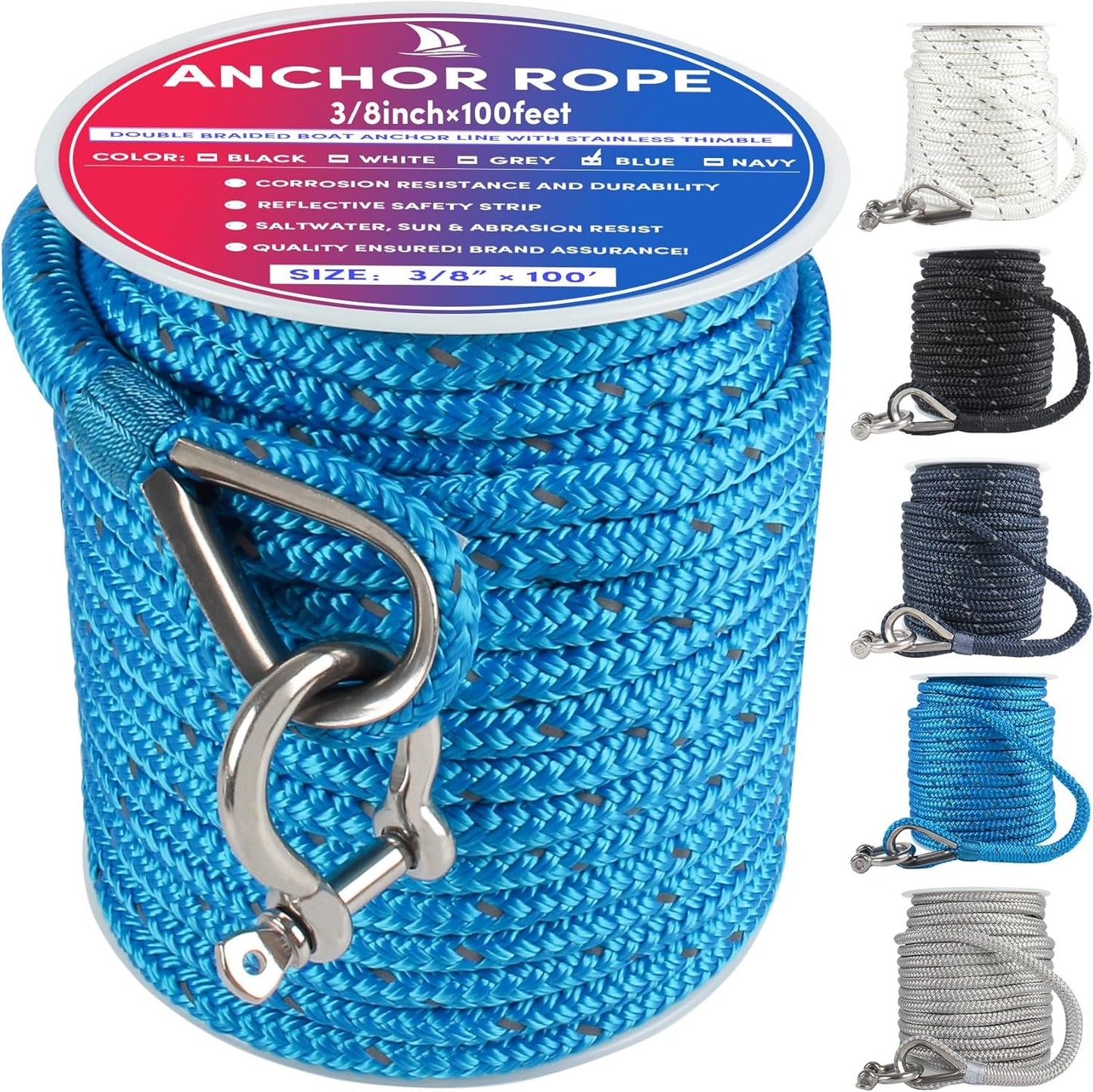 Double Braided Anchor Rope 100 ft x 3/8 inch for Boats