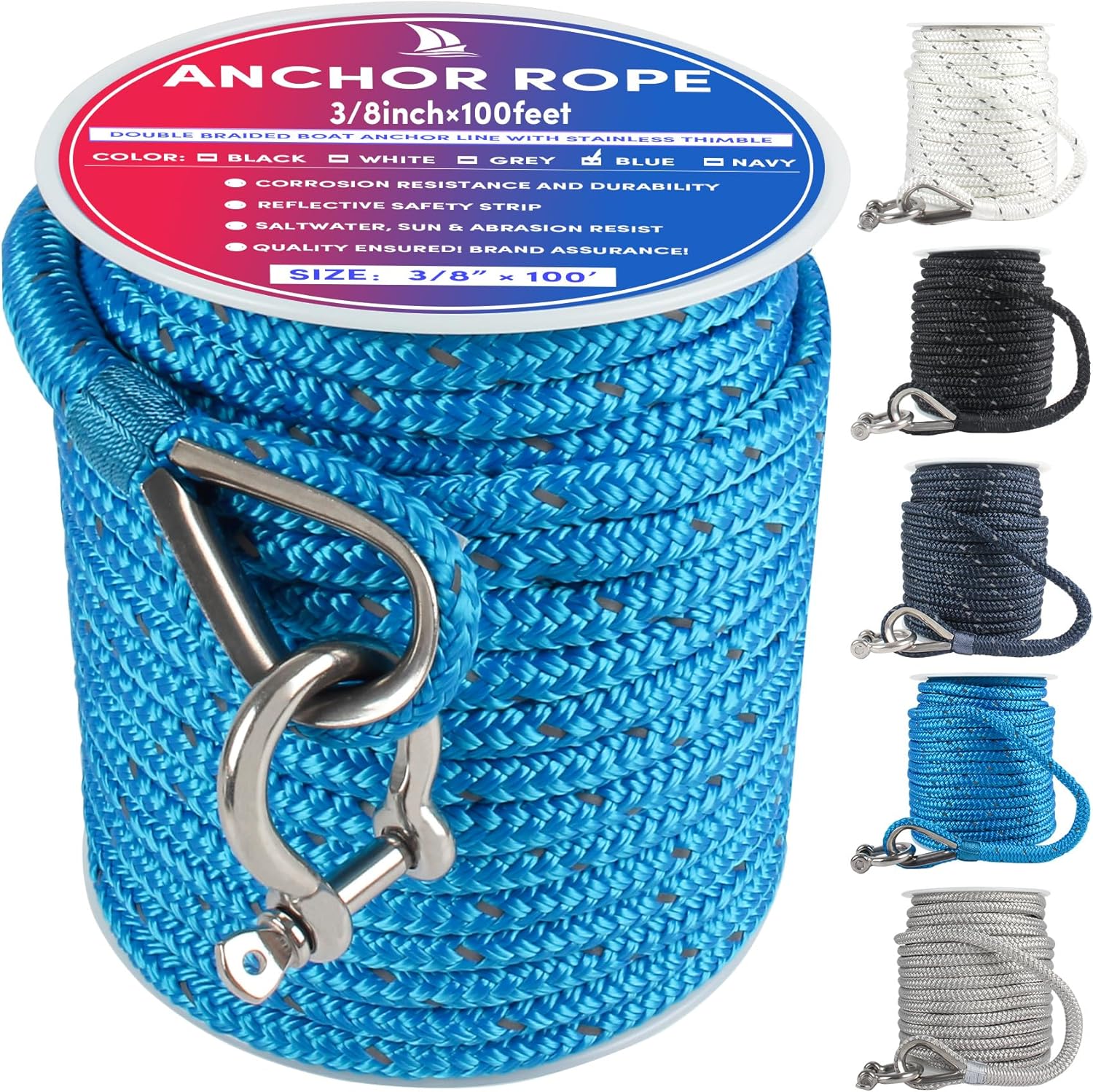 Double Braided Anchor Rope 100 ft x 3/8 inch for Boats
