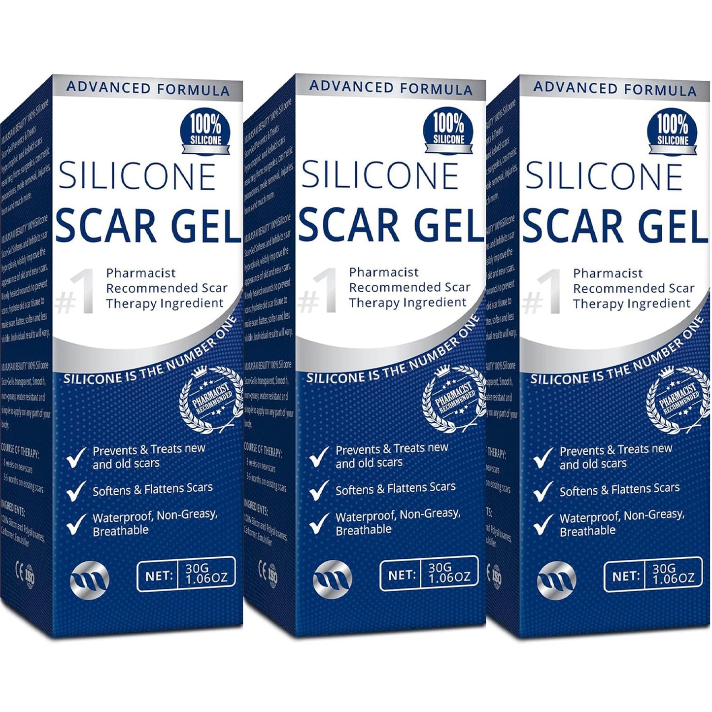 100% Silicone Scar Gel 3-Pack for Fast Scar Care and Healing