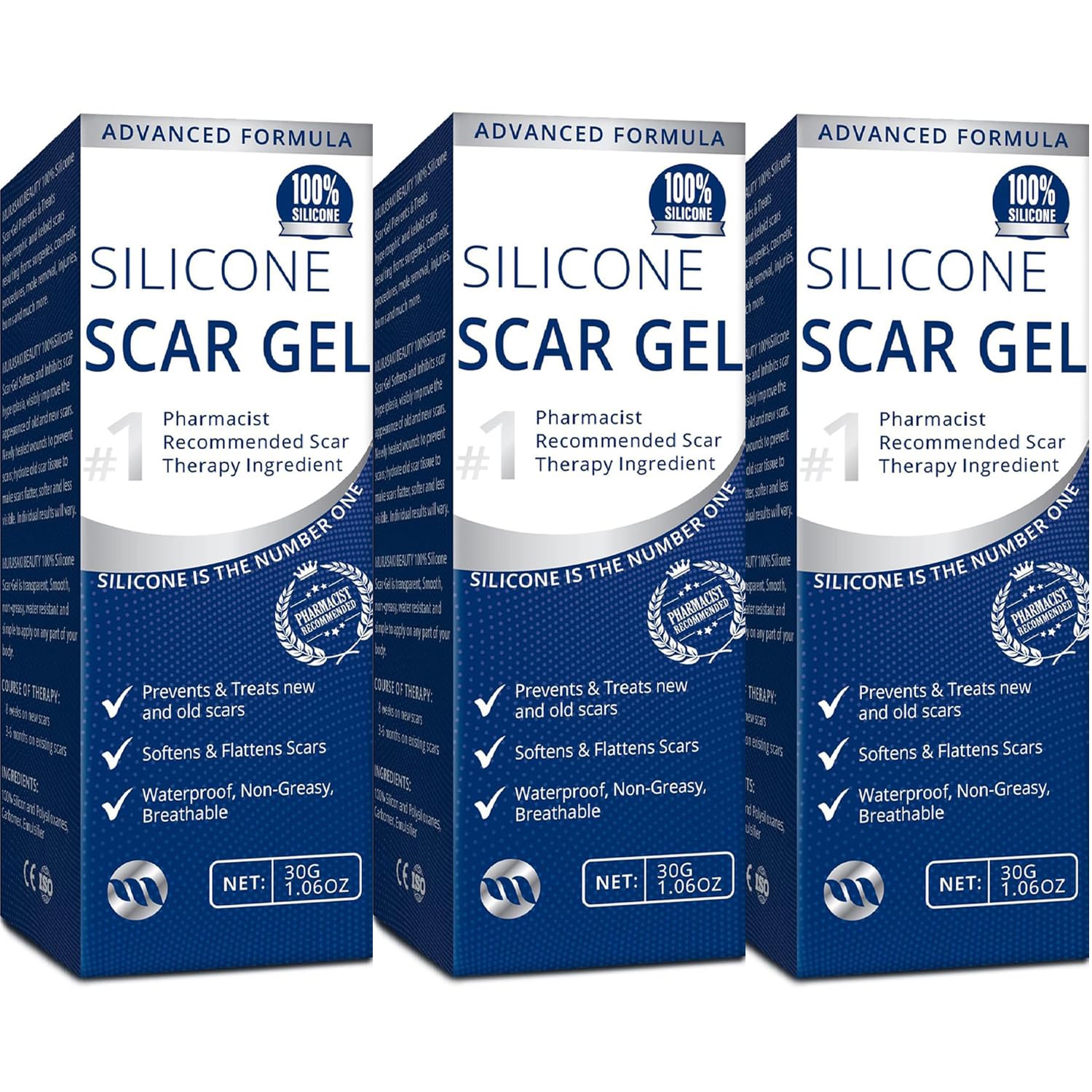 100% Silicone Scar Gel 3-Pack for Fast Scar Care and Healing