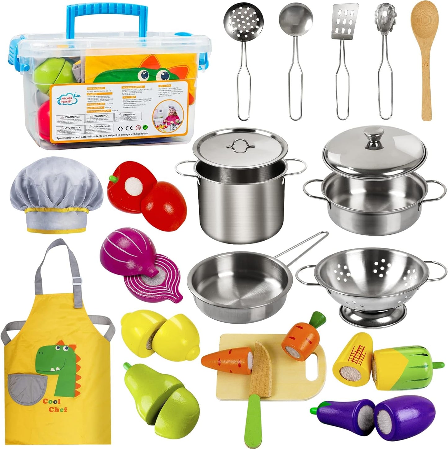 Wooden Play Food Set with Stainless Cookware - Imaginative Kitchen Fun