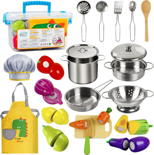 Wooden Play Food Set with Stainless Cookware - Imaginative Kitchen Fun