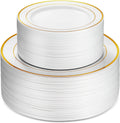 Munfix 100 Piece Plastic Party Plates White Gold Rim - Elegant