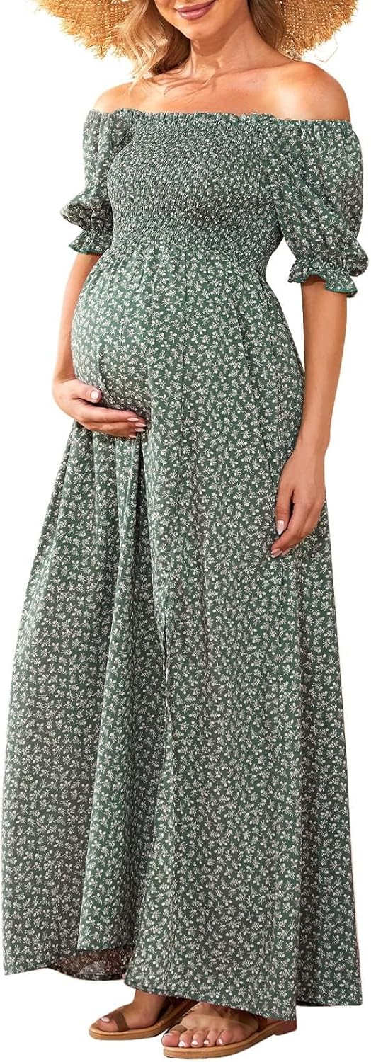 Floral Maternity Dress with Puff Sleeves for Baby Showers