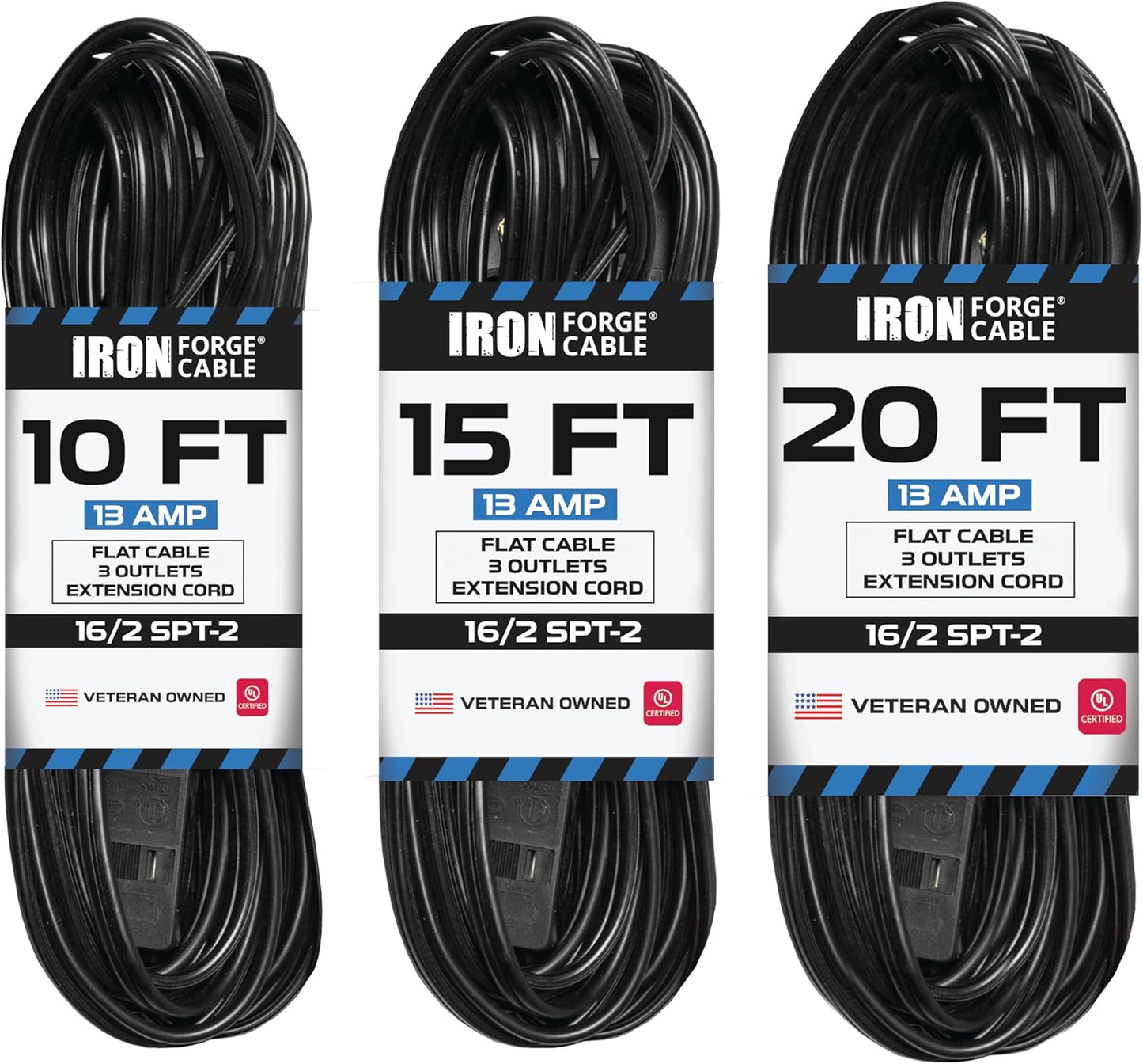 Black Extension Cord with 3 Outlets - 10ft, 15ft, 20ft