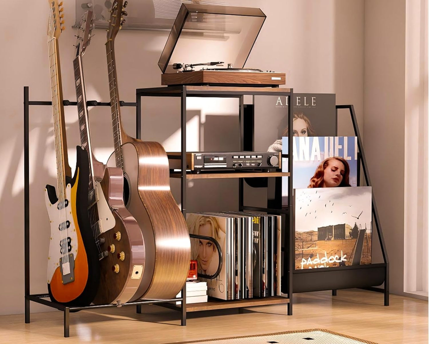 Multi-Guitar Stand with Storage Shelf for Home Music Studio