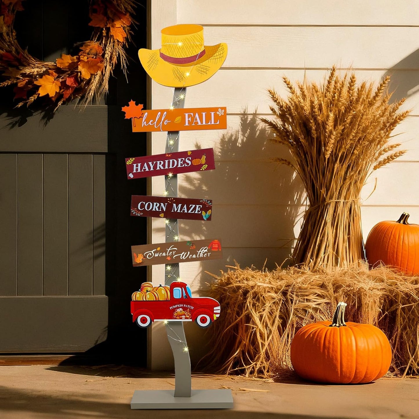 Lighted Wood Hello Fall Porch Sign for Autumn Decor and Cheer