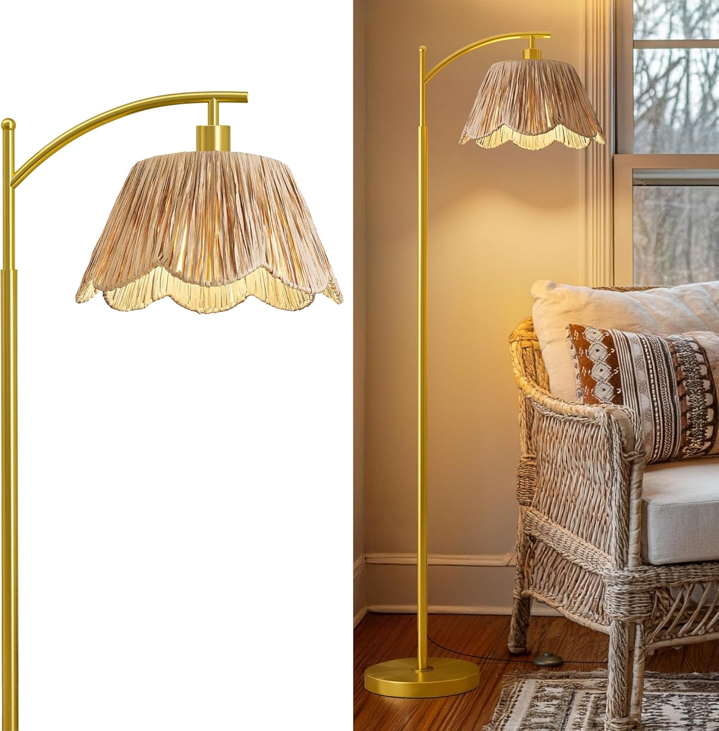 Oneach Arc Floor Lamp with Rattan Shade for Cozy Ambiance