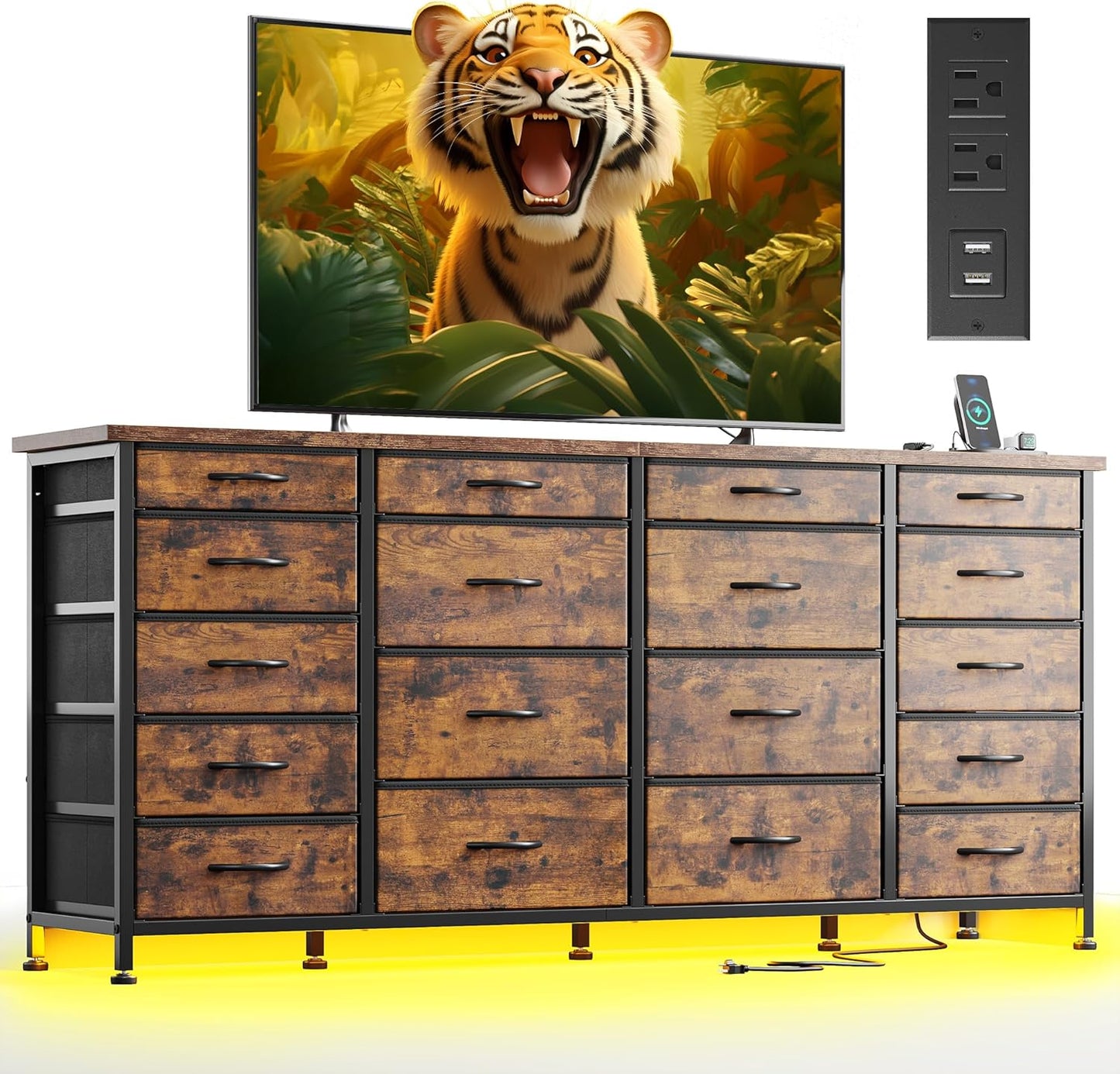 EnHomee Rustic Brown Dresser: 18 Drawers, LED Lights, Power Outlets