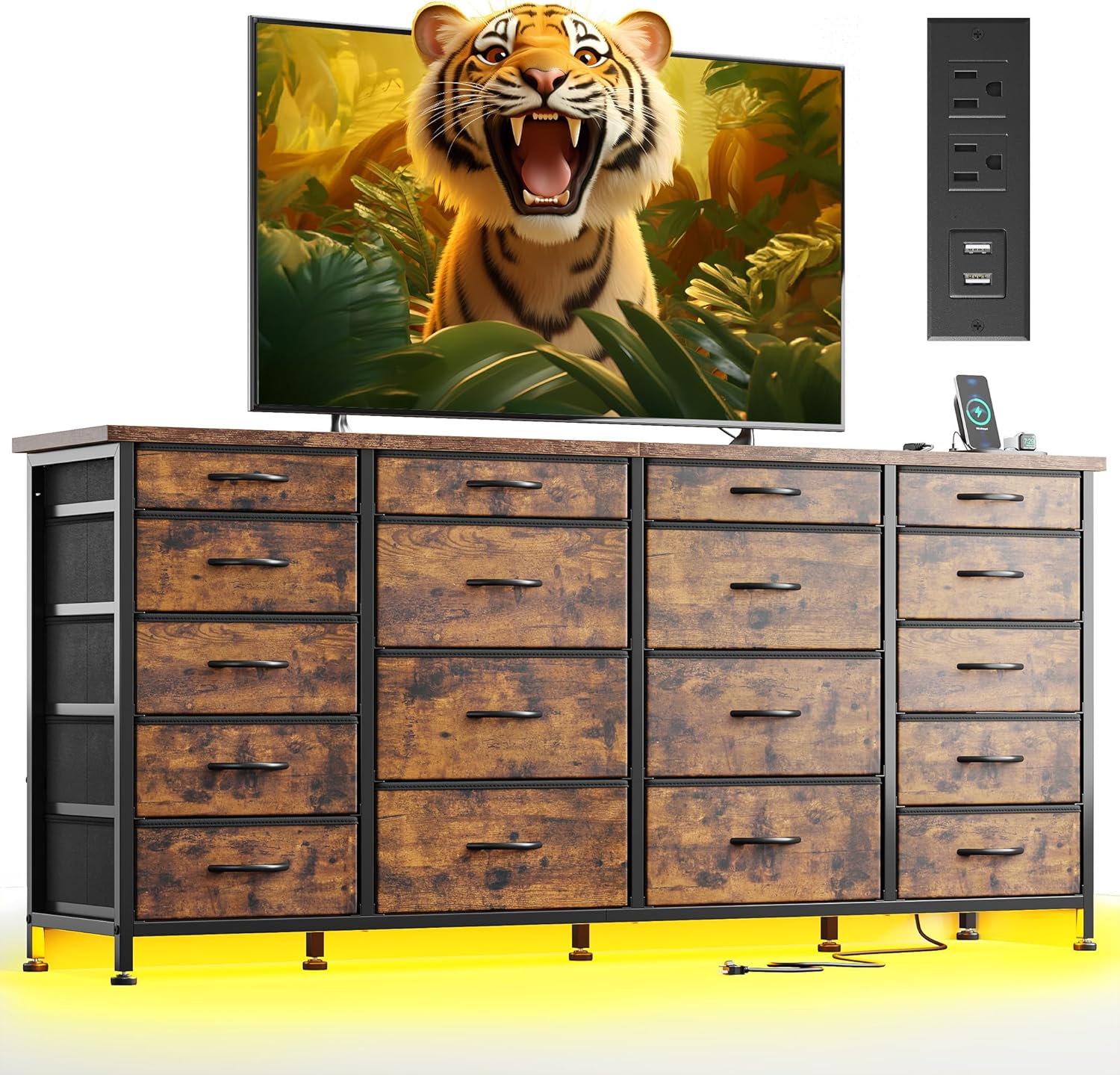 EnHomee Rustic Brown Dresser: 18 Drawers, LED Lights, Power Outlets