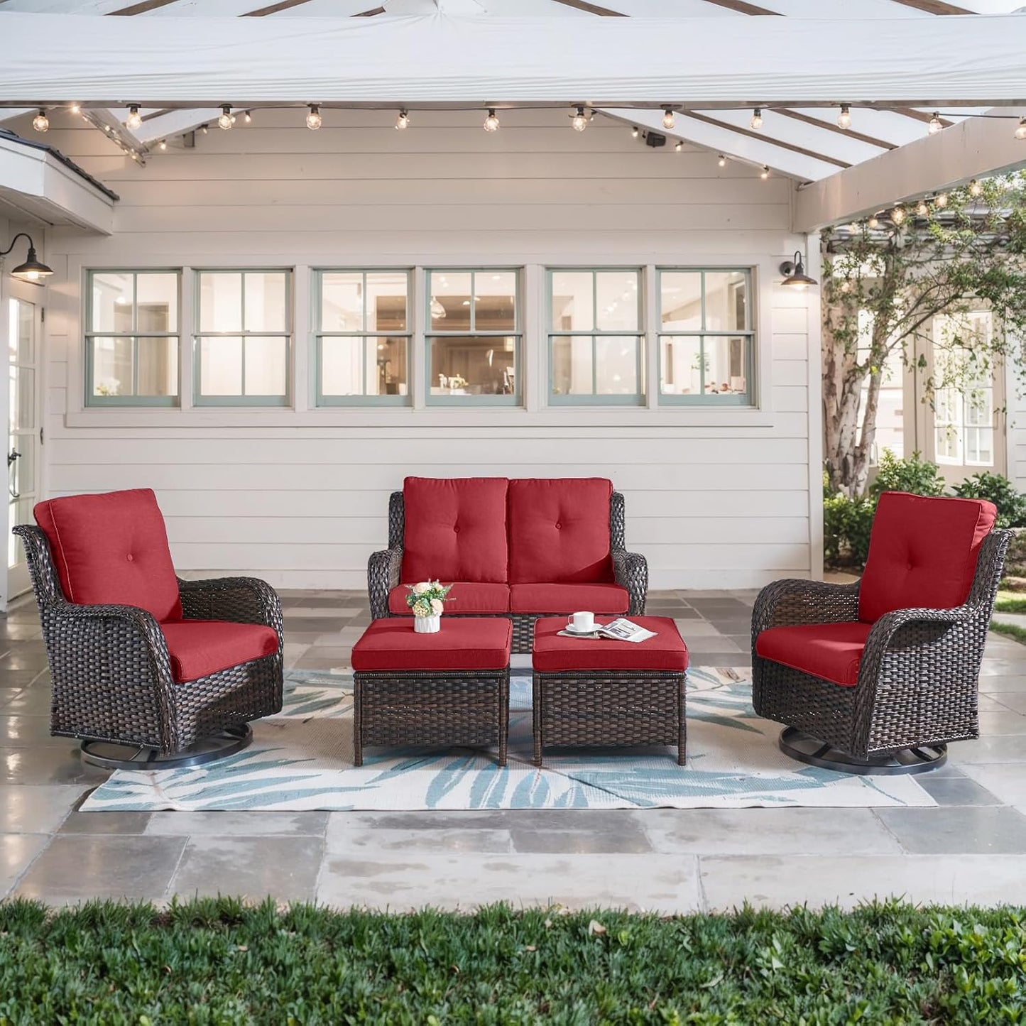 5 Piece Outdoor Patio Furniture Set with Swivel Rocker Chairs